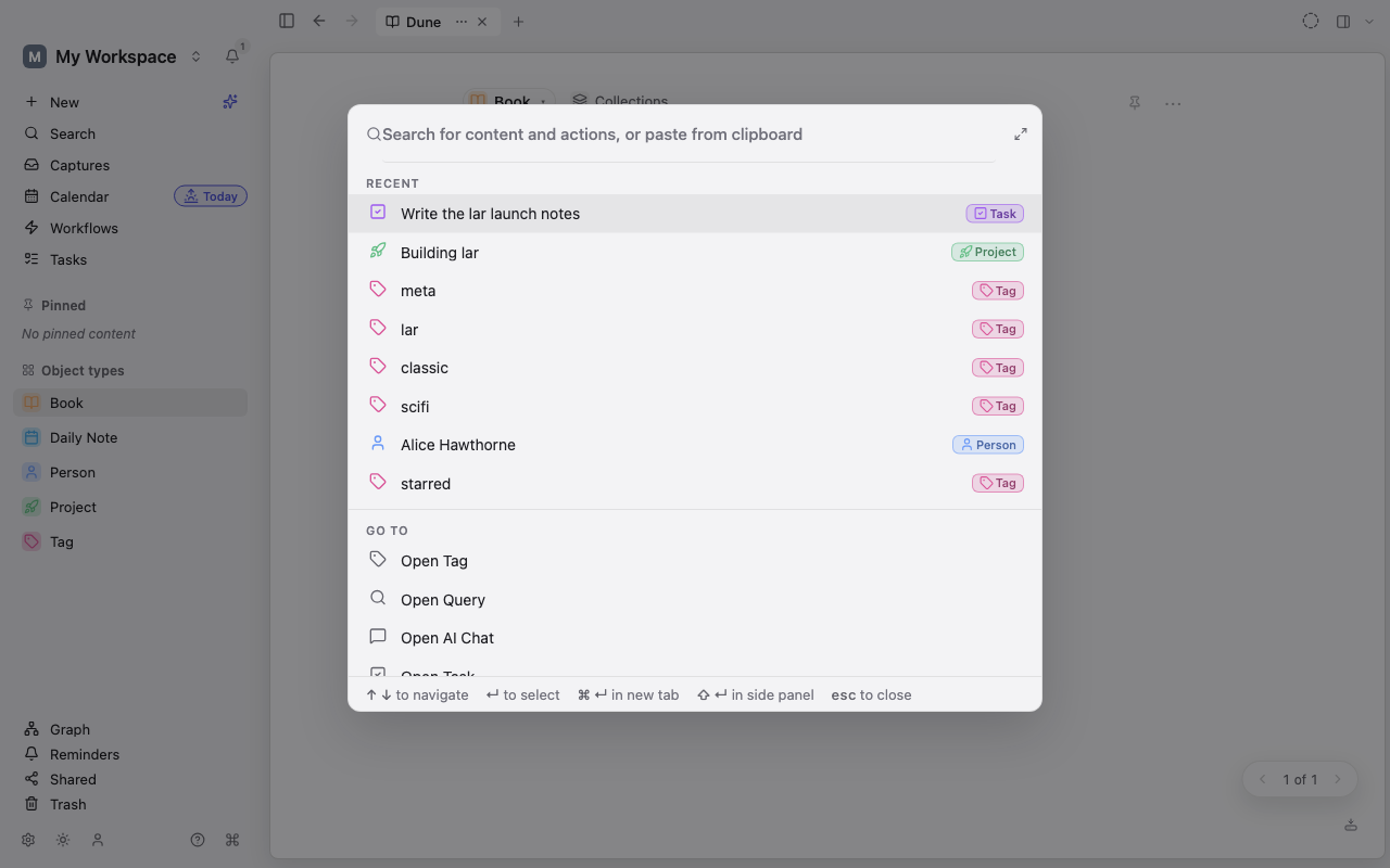 The Lar command palette showing recent Objects and navigation actions.