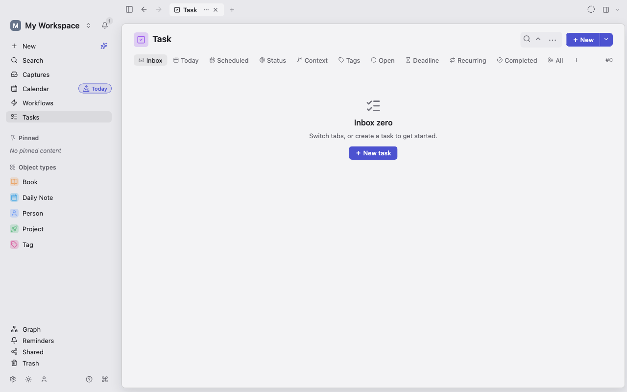 The Lar Tasks destination showing task views and planning controls.